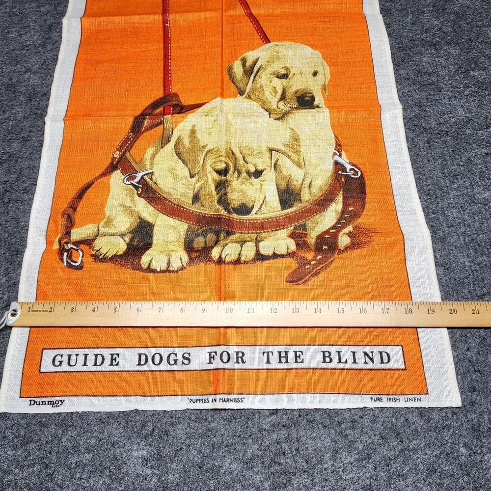 Dunmoy Vintage Pure Irish Linen Tea Towel Wall Art Puppies in Harness Guide Dog